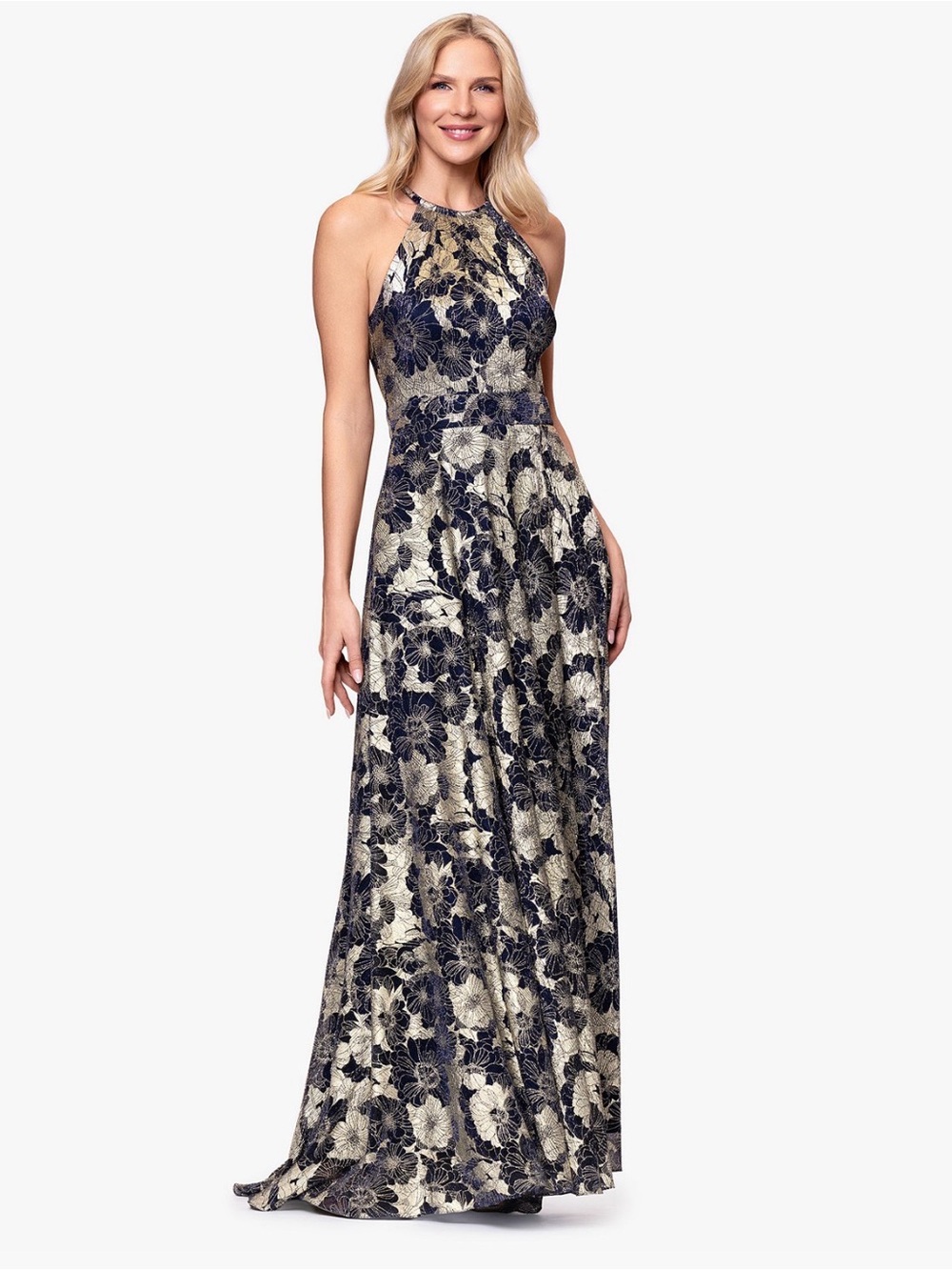 Betsy & Adam Navy and Gold Floral Halter Maxi Dress Size 14W New